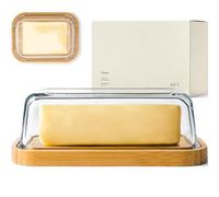 KIVY Grand beurrier avec couvercle - Convient pour 2 bâtons de beurre et tailles plus larges (Kerrygold, styles européens, oriental, occidental) - Beurrier à 2 bâtonnets - Verre et bambou