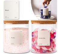 KIVY Lot de 2 bocaux en verre de détergent rechargeables [étiquettes étanches incluses], dosettes, 1,8 l