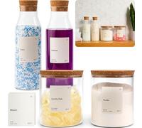 KIVY Lot de 4 bocaux/flacons de détergent en verre avec étiquettes, grands bocaux en verre pour savon de lessive, détergent liquide et adoucissant, pour organisation de la buanderie