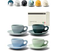 KIVY Lot de 4 tasses à cappuccino Barista - 240 ml - Tasses à cappuccino - En faïence à paroi épaisse - Avec soucoupe - Fabriquées à la main - Vertes et bleues