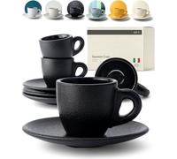 KIVY Lot de 4 tasses à expresso [4 x 75 ml] - Tasses à expresso avec soucoupes - Fabriquées à la main à paroi épaisse - Tasses à expresso italiennes en faïence à paroi épaisse - Noir