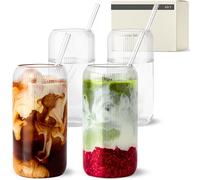 KIVY Lot de 4 verres striés avec paille [4 x 450 ml] - Verre à café glacé, eau et matcha - Verres esthétiques - Verre à cocktail - Verres à café glacé striés