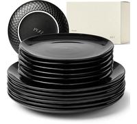 KIVY Service de table pour 6 personnes - Rayures et lave-vaisselle - Assiettes modernes - Noir mat - 6 x 27 cm + 6 x 22 cm - Collection Komaki