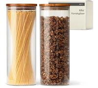 KIVY Set Bocaux en Verre Hermétique Strié [2 x 1800 ml] - Bocaux verre avec Couvercles en Acacia Durable - Bocal en verre avec Couvercle - Bocal a spaghetti - Bocaux conservation verre - Bocal verre
