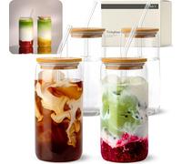 KIVY Set de Verres avec Couvercle et Paille [4x 450ml] - Verres à Eau, Matcha & à Cocktail - Set Longdrink - Verrerie pour Café, Latte Macchiato et Matcha - Verre Élégants
