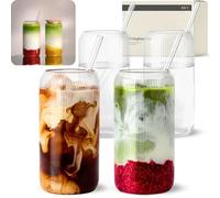 KIVY Set de Verres Rigato avec Paille [4x 450ml] Verres à Eau, Matcha & Cocktail - Set Longdrink - Verrerie pour Café, Latte Macchiato et Matcha - Verre Élégants