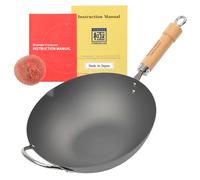 鐵兎堂 KIWAME Wok de qualité supérieure, 30 cm, noir, poignée en bois, antiadhésif, 3,2 litres, compatible avec cuisinière électrique