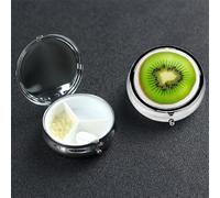 Kiwi Slice Pilulier rond portable à 3 compartiments pour poche ou sac à main, pilulier hebdomadaire, organiseur décoratif en métal pour médicaments, vitamines, cadeau de voyage