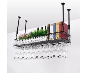 KiwiHood Étagère à vin montée au plafond - Étagère à vin suspendue - Hauteur réglable - Montage mural - Avec support en verre - Noir - Vintage - Pour bar, café, cuisine - Décoration