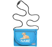 Kiwistar - Pochette Tour de Cou personnalisée Enfants 13 x 10 cm - Porte-Monnaie Bleu Clair - Labrador avec prénom - Sac bandoulière Fille garçon - Cadeau école Sport colonie Vacances