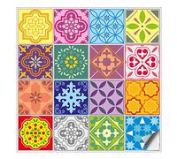 Kiwistar - Set 14 - Autocollants pour carrelage - 7 x 7 cm - Lot de 16 - Classique coloré - pour la cuisine, la salle de bain, le dosseret, la bordure, la rénovation, le motif de carreaux