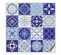 Kiwistar - Set 9 - Autocollants pour carrelage - 19,5 x 19,5 cm - Lot de 16 - Bleu foncé classique - pour la cuisine, la salle de bain, le dosseret, la bordure, la rénovation, le motif de carreaux