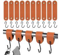 Kixolo Lot de 10 crochets avec boucle en cuir - Pour tringle à vêtements - En acier inoxydable - Noir - 12,5 x 3 cm - Pour garde-robe et camping - Marron