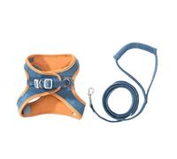 KIXZSAZ Ensemble de Laisse et de Harnais pour Chat en Velours Peau cerf, pour Anti-pincement et Maintien, Harnais en Tissu pour Chat et Ensemble Traction pour Chaton, Orange Bleu, L