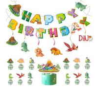 Kiyanest Décoration Anniversaire Dinosaure - Bannière "Happy Birthday" avec Spirales Suspendues, Cake Topper & Cupcake Toppers - Parfait pour Fêtes Thématiques Préhistoriques