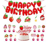 Kiyanest Décoration d’Anniversaire Fraise - Kit de fête avec bannière, cake toppers et suspensions pour enfants et adultes