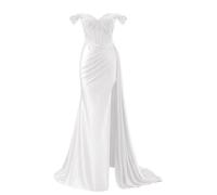 KIYNE Robe de bal à épaules dénudées en satin avec fente, applique en dentelle, robe de sirène de remise des diplômes, robe de soirée de longueur ras du sol, blanc, 38