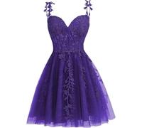 KIYNE Robe de bal courte en tulle avec appliques en dentelle pour adolescents avec bretelles spaghetti et col en V, violet, 34