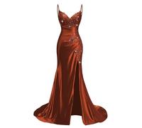 KIYNE Robe de bal en satin à bretelles spaghetti avec fente en dentelle appliques sirène robe de soirée formelle longue robe de bal pour femmes, orange brûlé, 34