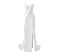 KIYNE Robe de bal en satin à bretelles spaghetti et col en V pour femme avec fente en dentelle appliques sirène robe de concours de beauté, blanc, 34