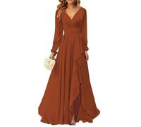 KIYNE Robe de demoiselle d'honneur à manches longues en mousseline de soie froncée avec col en V pour femme, orange brûlé, 34