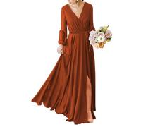 KIYNE Robe de demoiselle d'honneur à manches longues et col en V avec fente plissée en mousseline de soie - Robe de soirée formelle, orange brûlé, 34