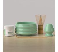 KIYO Kit Matcha Intégral Vert avec Matcha Cérémonie - Fouet à Matcha (100 Brins), Bol Matcha en Céramique, Support et Cuillère | Service à Thé Japonais, Préparation Authentique & Idée Cadeau