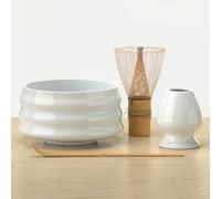 KIYO Kit Matcha Japonais Blanc - Bol en Céramique, Fouet Chasen Bambou 100 Brins, Support & Cuillère Chashaku | Set Accessoires Cérémonie du Thé, Préparation Matcha Authentique - Idée Cadeau