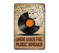 KIYOYO Plaque en métal « Where Words Fail Music Speaks » - 30,5 x 20,3 cm - Décoration murale amusante - Pour maison, cuisine, jardin, bar, café, restaurant, salle de bain