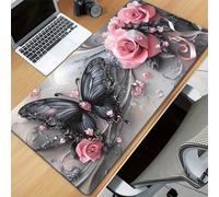 KIZIFI Grand Tapis de Souris Gaming XXL 600x300x2 mm, Rose Papillon Noire, sous-Main de Bureau Antidérapant avec Bords Cousus pour PC, Clavier et Jeu