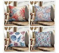 KIZIFI Housse de Coussin Extérieur Imperméable 55x55 cm Lot de 4 Corail Rouge Housse Coussin en Lin Bleu Violet Coussin de Canapé Moderne pour Chambre Extérieur Housse Oreiller