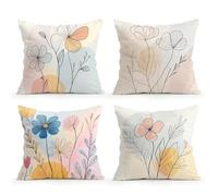 KIZIFI Housse de Coussin Extérieur Imperméable 65x65 cm Lot de 4 Fleurs Simples Housse Coussin en Lin Jaune Rose Coussin de Canapé Moderne pour Chambre Extérieur Housse Oreiller