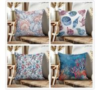 KIZIFI Lot de 4 Housses de Coussin Imperméables 40x40 cm Coquillage Moderne Lin Taie d'oreiller Carré Corail Rouge Housse Coussin Canape pour Patio Jardin Salon Chambre Décoration