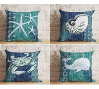 KIZIFI Lot de 4 Housses de Coussin Imperméables 50x50 cm Dauphins Moderne Lin Taie d'oreiller Carré Corail Housse Coussin Canape pour Patio Jardin Salon Chambre Décoration