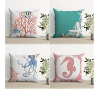 KIZIFI Lot de 4 Housses de Coussin Imperméables 55x55 cm Corail Rose Moderne Lin Taie d'oreiller Carré Bleu Vert Housse Coussin Canape pour Patio Jardin Salon Chambre Décoration