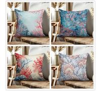 KIZIFI Lot de 4 Housses de Coussin Imperméables 55x55 cm Corail Rose Moderne Lin Taie d'oreiller Carré Bleu Housse Coussin Canape pour Patio Jardin Salon Chambre Décoration