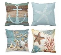 KIZIFI Lot de 4 Housses de Coussin Imperméables 65x65 cm Étoile Mer Moderne Lin Taie d'oreiller Carré Corail Housse Coussin Canape pour Patio Jardin Salon Chambre Décoration