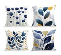 KIZIFI Lot de 4 Housses de Coussin Imperméables 65x65 cm Feuilles Plantes Moderne Lin Taie d'oreiller Carré Bleu Jaune Housse Coussin Canape pour Patio Jardin Salon Chambre Décoration