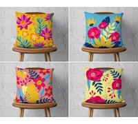 KIZIFI Lot de 4 Housses de Coussin Imperméables 65x65 cm Fleurs Violettes Moderne Lin Taie d'oreiller Carré Rose Jaune Housse Coussin Canape pour Patio Jardin Salon Chambre Décoration