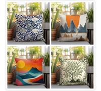 KIZIFI Lot de 4 Housses de Coussin Imperméables 65x65 cm Minimalist Moderne Lin Taie d'oreiller Carré Paysage Housse Coussin Canape pour Patio Jardin Salon Chambre Décoration