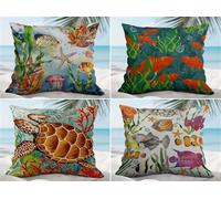 KIZIFI Lot de 4 Housses de Coussin Imperméables 65x65 cm Tortue Animale Moderne Lin Taie d'oreiller Carré Marron Vert Housse Coussin Canape pour Patio Jardin Salon Chambre Décoration
