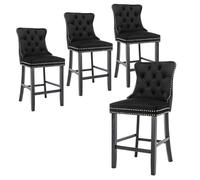 Kiztir Lot de 4 tabourets de bar modernes en velours avec bouton décoratif, bordure cloutée, pieds en bois massif, 68,6 cm, pour cuisine, café, pub