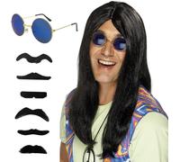 Kjakl-3 Pièces Ensemble De Costume Hippie Années 70 - Perruque Noire, Moustache, Lunettes De Soleil - Accessoires Pour Fêtes, Carnavals, Halloween