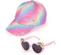 Kjakl-Casquette Fille Lunette De Soleil Enfant Ensemble, Casquette Baseball Étoiles Dégradé Arc-En-Ciel Lunettes De Soleil Coeur Chapeau De Soleil D'été Pour La Plage Et L'extérieur