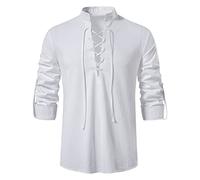 KJDWJKJRF Chemise en lin écossaise pour homme - Style médiéval - Costume de viking - Renaissance victorienne - Steampunk - Col montant - Pour cosplay, Blanc., S