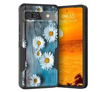 KJFHDJFDH Coque pour Pixel 7, double couche hybride robuste et résistante aux chocs en polycarbonate rigide + coque de protection en silicone souple pour Google Pixel 7 6,3" 2022, marguerites sur vieux bois