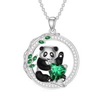 KJHFD Collier Panda en Argent Sterling 925 pour Femmes Filles, Dessin animé Mignon Panda en Forme de cœur Vert en Bambou, Bijoux Panda, Collier Panda Rouge pour Filles, médaillon Panda, Pendentif