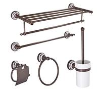 KJHFD Ensemble quincaillerie Salle Bain Laiton Antique avec Rond de Serviette à Double Niveaux Crochets éères murales Porte-Toilettes en Papier Brun Finition 5 pièces