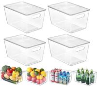 KJIXYUNG Lot de 4 organiseurs de réfrigérateur transparents avec couvercle, organiseurs empilables pour réfrigérateur, armoire, garde-manger, collations, canettes, cuisine, sans BPA, 29 x 19 x 15 cm
