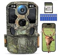 KJK Caméra de chasse avec application de transmission de téléphone portable, 4 K 64 MP HD Wi-Fi Bluetooth avec détecteur de mouvement, vision nocturne, carte mémoire 64 Go, déclencheur 0,1 s, caméra